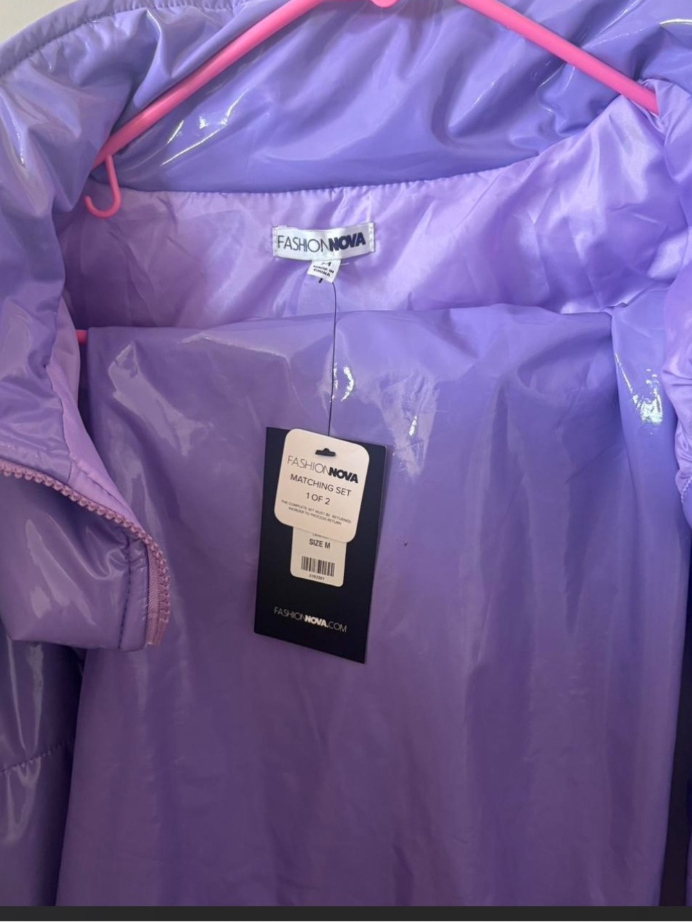 Fashion Nova Pastel Purple Glossy Puffer Jacket and Dress Two-Piece Set